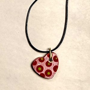 White with Red and Lime dots-Ceramic Heart Pendant Necklace