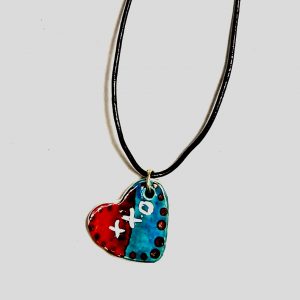 "XXO in Red and Turquoise" Ceramic Heart Pendant Necklace with 24k Gold accents